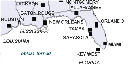 Mapa južných štátov - oblasť tornád